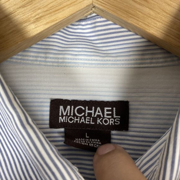 Michael Kors Men's Adult Sz L Button Shirt Long Sleeve Striped Blue/Wht Striped - Picture 2 of 8